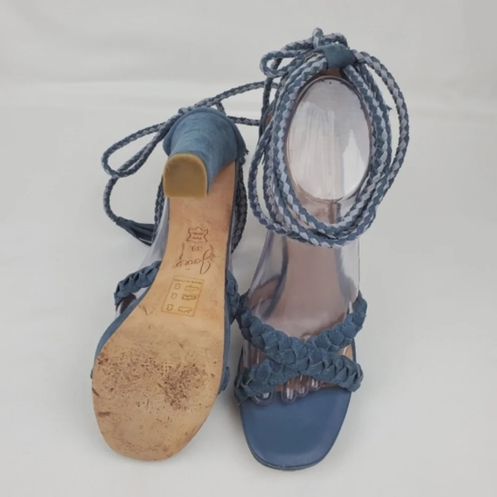 Joie blue leather lace up chunky heels sandals